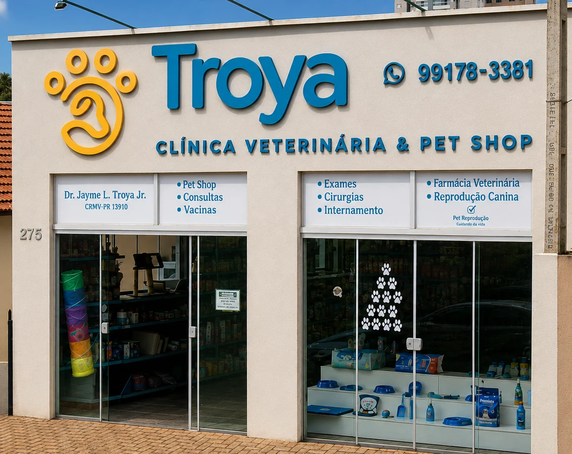 Fachada da Troya Clínica Veterinária e Pet Shop na Av. Barão do Rio Branco, 275, Cornélio Procópio